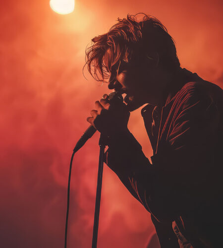 A man stands in front of a microphone with a bright blue light behind him A man stands in front of a microphone with a bright blue light behind him.