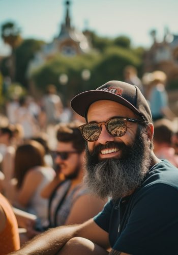 Cheerful Bearded Man with Sunglasses at Outdoor Event Cheerful Bearded Man with Sunglasses at Outdoor Event